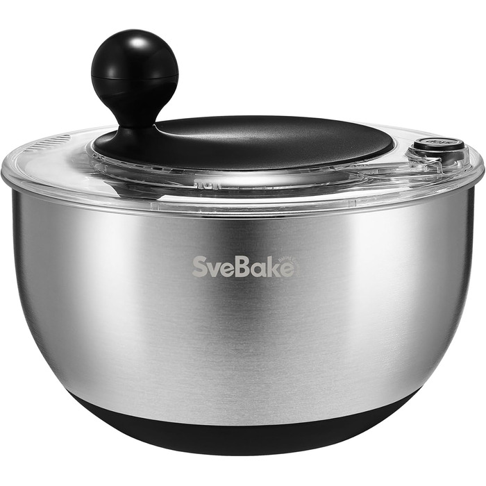 Салатниця-віджимник 5л з нержавіючої сталі з кнопкою стоп, BPA-Free, прозора кришка та отвори для зливу, неслизьке дно, придатна для миття в посудомийній машині