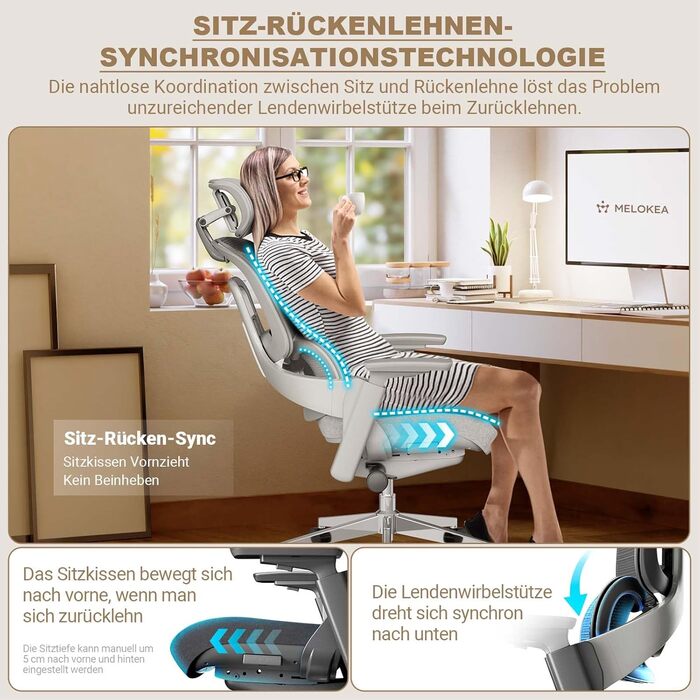 Офісне крісло MELOKEA ReliefBack Master: ергономічне, 200 кг, 4D підлокітники, регулювання глибини сидіння, 3D підголівник, чорне