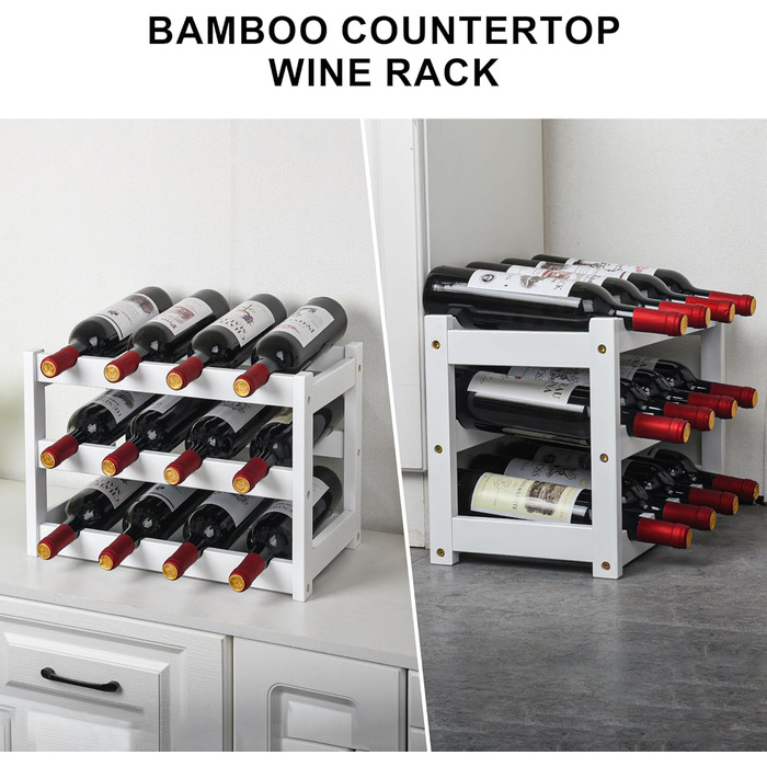 Стійка для вина VASMIA з бамбука, 3-ярусна, на 12 пляшок, для кухні/комори, білий колір