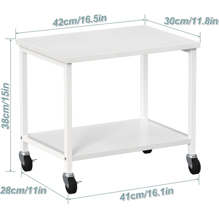 Двоярусний стіл для принтера з роликами Nandae, 30x42x37 см. Підставка для принтера з дерева та металу, мобільний візок з 4 колесами, полиця для зберігання в офіс або вітальню (білий)