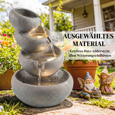 Гарний садовий фонтан з штучного каміння на 4 рівнях з LED-підсвіткою та насосом. Імітує природний камінь, розміри: 35 x 32 x 50 см.