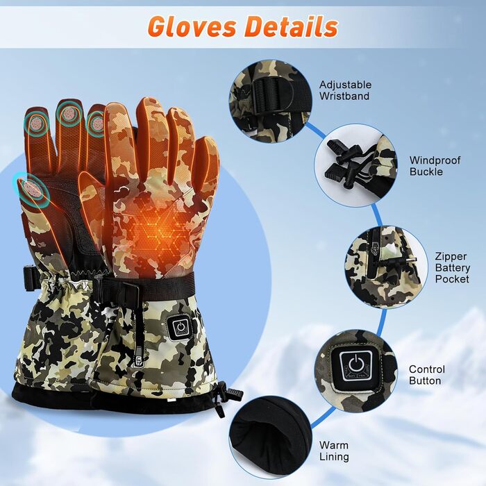 Електричні гріючі рукавички Ychee Camouflage, 7.4V, 22.2Wh, водонепроникні, двошарові, для кемпінгу (M)