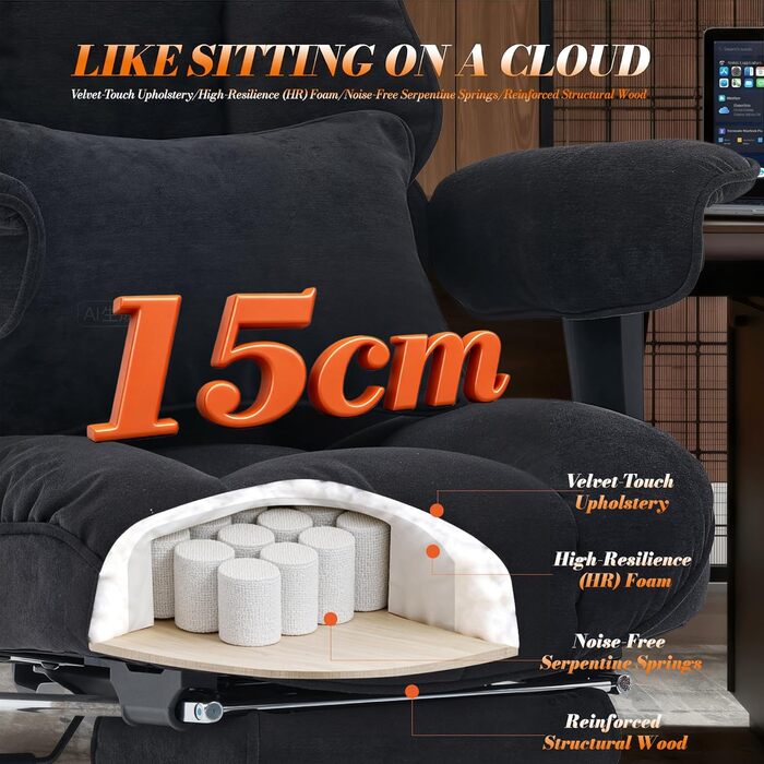 Ергономічний офісний крісло Efomao XXL до 200 кг з підставкою для ніг, чорний. Крісло для дому та офісу з товстою подушкою та високою спинкою.