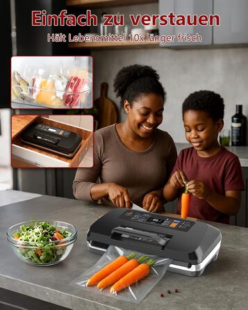 Вакууматор для продуктів 12-в-1, вакуумний пакувальник з подвійним швом, вбудованим різаком та лотком для збору рідини, 95кПа, чорний