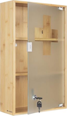 Шафка для ліків Navaris з бамбука та скла, з замком - аптечка першої допомоги, медична шафка з ключем, дитяча безпека