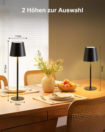 LED настільна лампа Bonsery (2 шт.) з акумулятором 5200mAh, регульована яскравість, 3 кольори світла, металева, вологостійка, 2 висоти (24/37,5 см), для дому, бару, кемпінгу, чорна