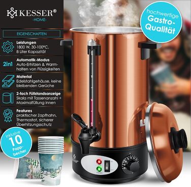 KESSER® Глювайновий котел 8л з нержавіючої сталі, 10 склянок, термостат, автомат для глінтвейну, гарячих напоїв, чайник, дозатор гарячої води, автоклав, індикатор рівня, кран, сріблястий