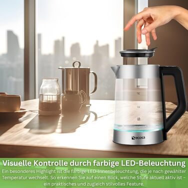 Електричний чайник-заварник зі скла та нержавіючої сталі, 1.7 л, 2200 Вт, з регулюванням температури, з підсвічуванням, BPA Free