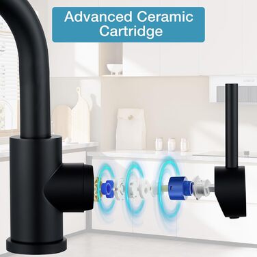 Змішувач для ванної кімнати/кухні 360° з нержавіючої сталі, одноlever, висота виливу 150 мм, чорний матовий, з щіткою Нікель