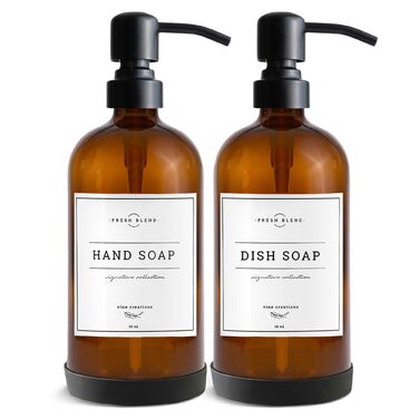 Набір дозаторів для мила 2 шт. для кухні та ванної кімнати, нержавіюча сталь, скло Amber, 475 мл, з водонепроникними етикетками (матова чорна)