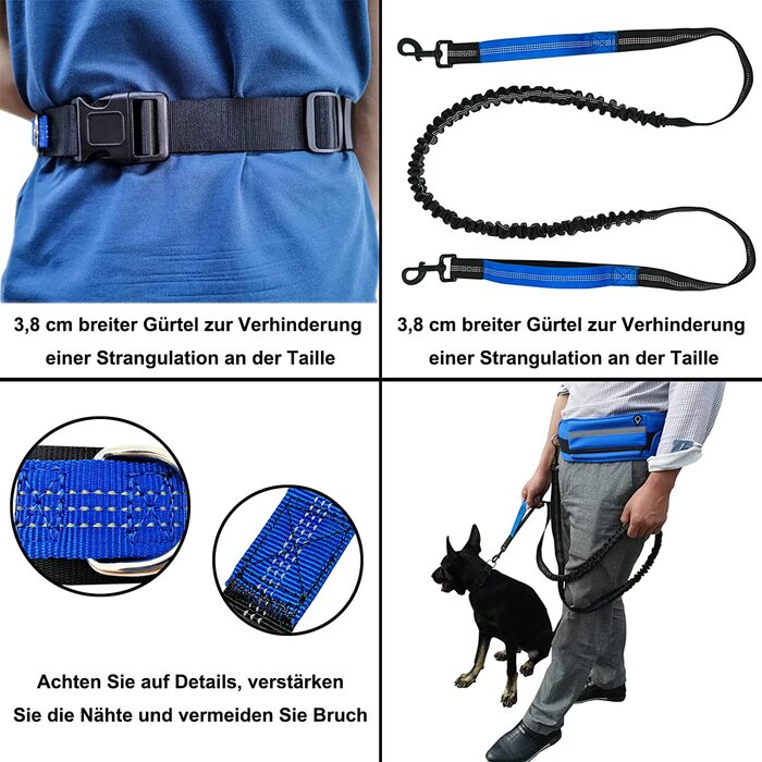 Поясна сумка з повідцем для бігу для собак, повідець для бігу для маленьких/середніх / великих собак, висувний повідець для бігу на 160-220 см з подвійною ручкою і поясним ременем, еластичний і світловідбиваючий (синій)