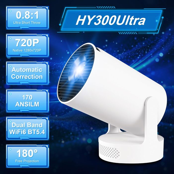 Портативний міні проєктор 4K HY300ultra з Wi-Fi 6, Android 11 та підтримкою HDMI для телефону/ПК/ноутбука/Stick. Full HD 1080P, вбудований динамік