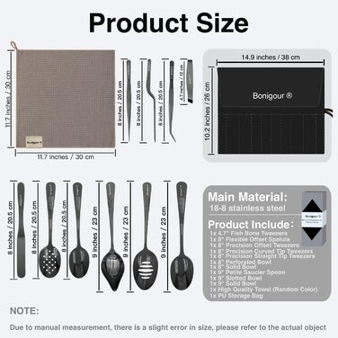 Набір кухонних аксесуарів 11 в 1, професійний, з нержавіючої сталі, чорний | Кухоль, лопатка, ложка, прес-пап'є