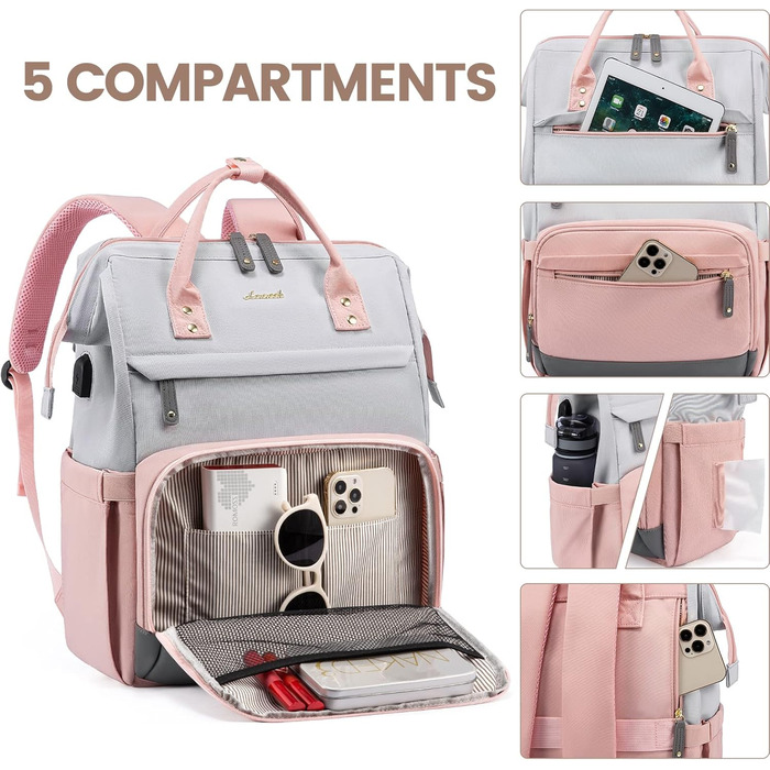 LOVEVOOK Рюкзак для жінок з відділенням для ноутбука 17.3 дюймів. Шкільний рюкзак для дівчат, підлітків, студентів. Водостійкий рюкзак для школи, подорожей, університету, бізнесу. Колір: сірий, рожевий, сірий. Матеріал: шкіра.