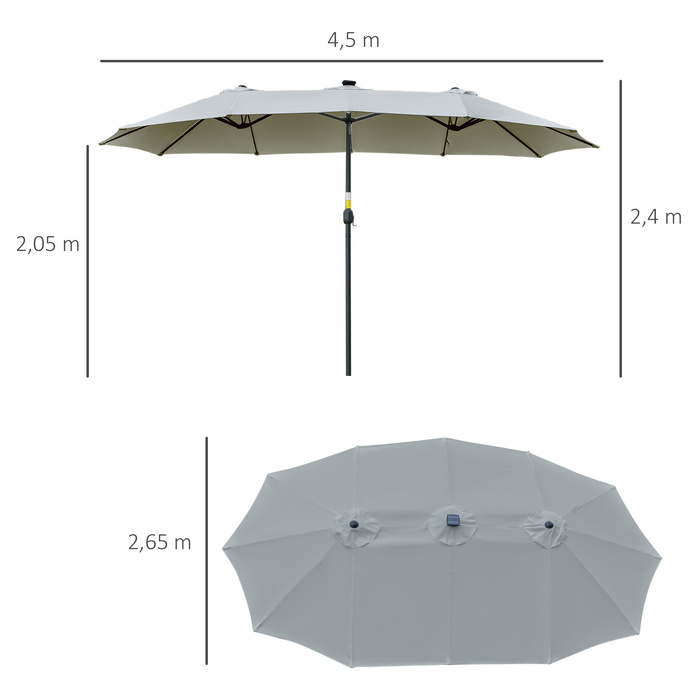 Outsunny Parasol зі світлодіодною сонячною 4,5-метровою подвійною парасолькою Garden Parasol овальної форми світло-сірого чорного кольору для патіо та саду