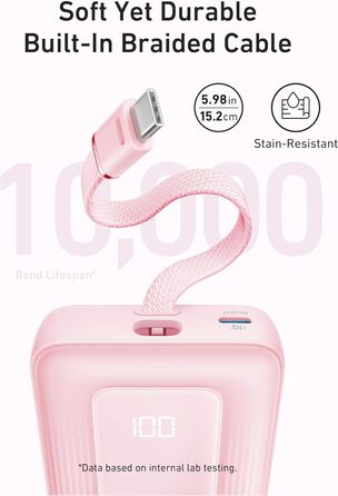 МАг 30 Вт, вбудований кабель USB-C, 1 USB-C/A, для iPhone 15, MacBook, Galaxy, Pink, 20 000