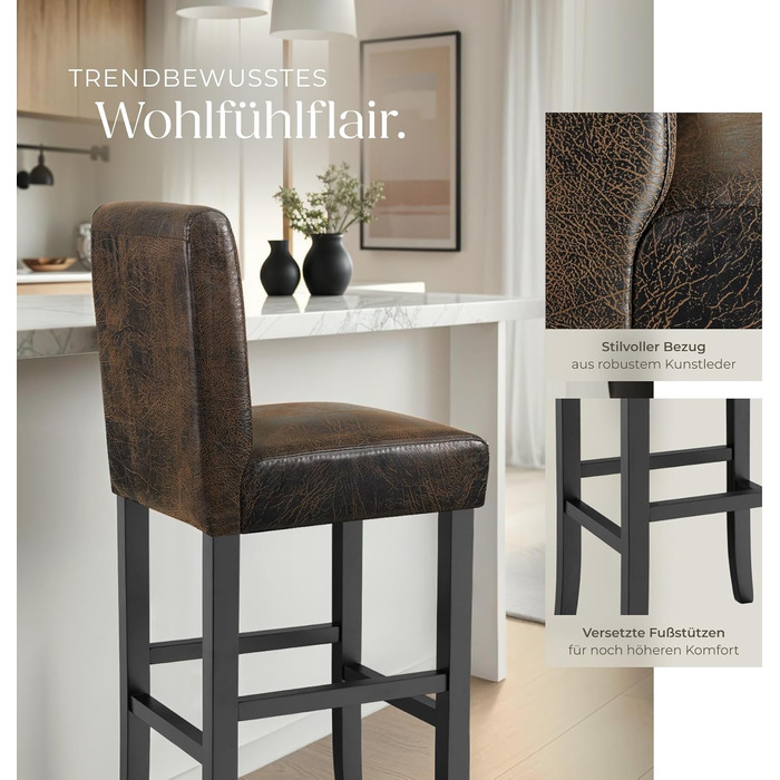 Набір з 2 барних стільців tectake® з підлокітником, античний коричневий, з масиву дерева та штучної шкіри, 107 см