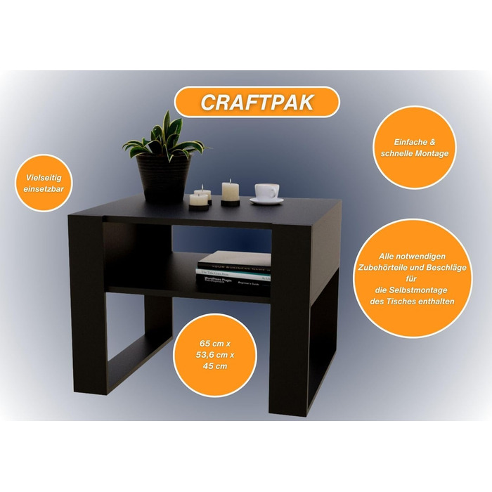 Стіл для вітальні CraftPAK для дивана з високоякісного дерева, стійкий і сучасний журнальний столик з додатковим місцем для зберігання, колір чорний чорно-чорний