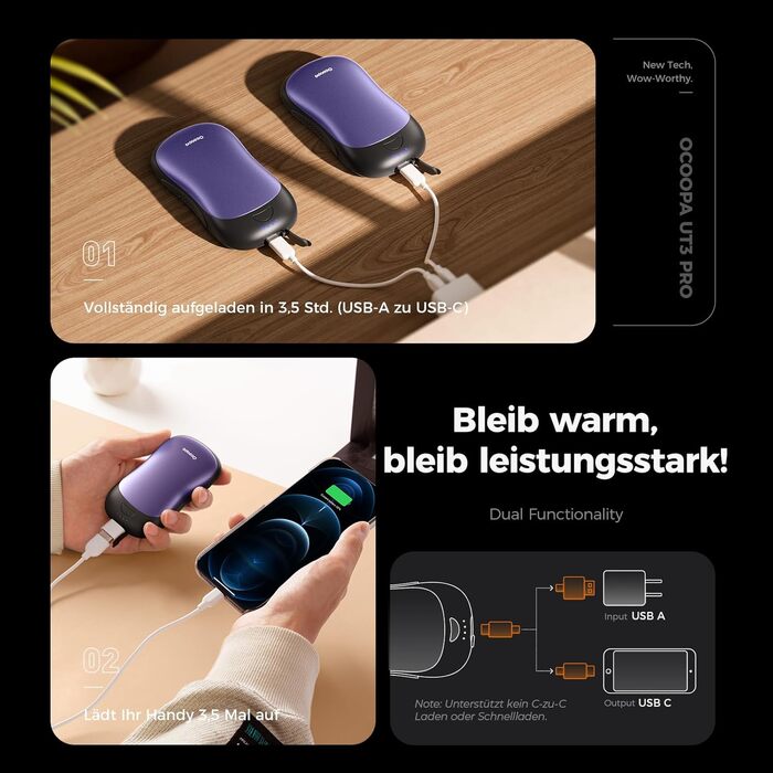 Електричні грілки для рук OCOOPA 2 шт. 10000mAh, Powerbank USB, багаторазові, 4 режими нагріву, до 58°C, подарунок для чоловіків, для гольфу, полювання та кемпінгу, UT3 PRO (Чорний_ фіолетовий)