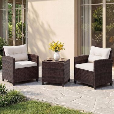 Набір садових меблів COSTWAY з ротангу для балкона та тераси, 3 предмети: 2 крісла, стіл зі скляною стільницею, подушки. Колір: коричневий + білий.