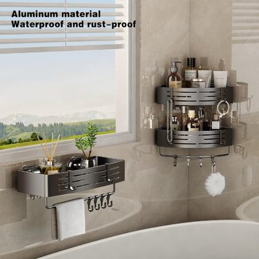 Полка для душу Voldra без свердління, кутова, з присосками, для ванної кімнати, металева, з тримачем для рушників (2 шт., сіра)