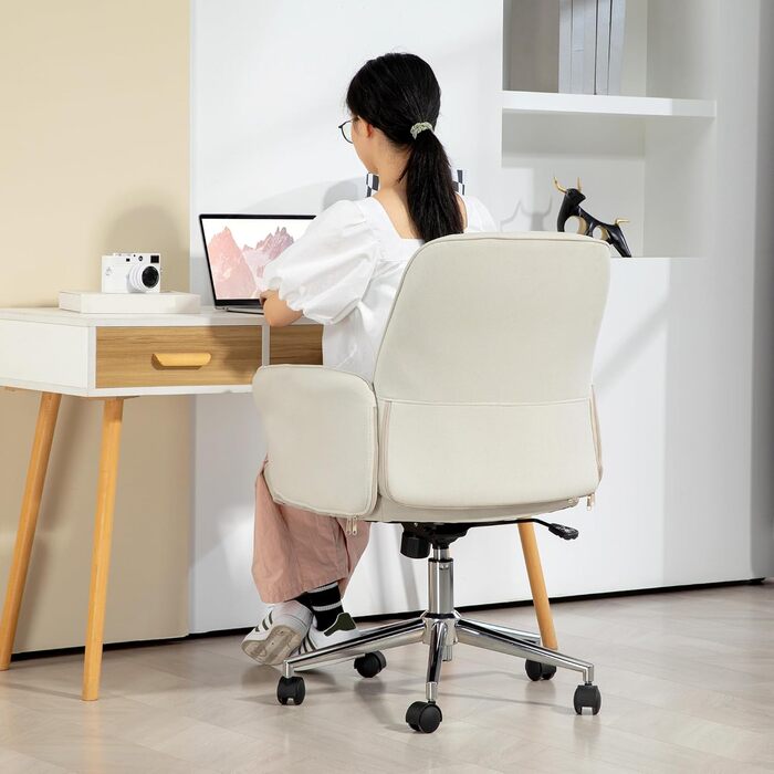 Крісло для дому та офісу Vinsetto: регульоване, поворотне, з функцією гойдання, до 120 кг, для робочого кабінету та спальні (кремовий)