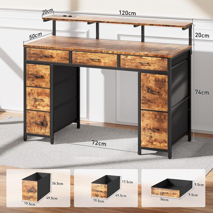 Комп'ютерний стіл з 8 висувними ящиками, 2 розетками, USB-портами, LED-підсвічуванням та підставкою для монітора, 120 x 50 x 74 см, Колір: Коричневий