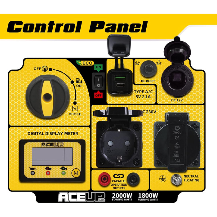 Інверторний генератор Aceup 3400W: бензиновий, 230V/12V, USB, цифровий дисплей, для дому, кемпінгу, 4-тактний, 23кг