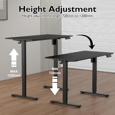 Електричний регульований стіл BONTEC 120x60 см з LED-дисплеєм, 3 пам'яті висоти, тримач для навушників, чорний