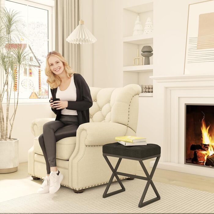 Чорний пуф-табуретка для макіяжу з металевими ніжками X-подібної форми, 40x30x46 см