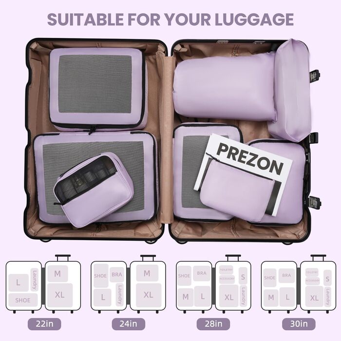 Набір органайзерів для подорожей у валізу, 10 шт, легкі пакувальні куби для впорядкування речей у дорогу (Фіолетовий)
