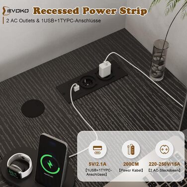 Кутовий стіл Devoko з 4 ящиками з тканини, 2 розетками та 2 USB-портами, для дому та офісу, ігор, білий, 140x80 см