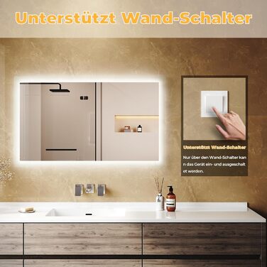 Дзеркало для ванної кімнати LOMIKEN з підсвічуванням, 60x50 см, LED, холодний білий світ, енергозбереження, вертикальне/горизонтальне кріплення, вимикач на стіні, матові краї