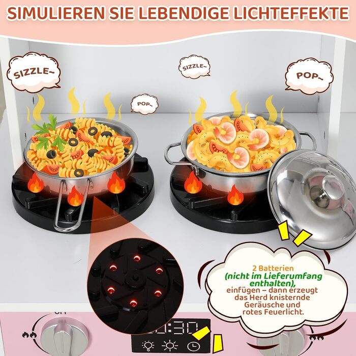 Дерев'яна дитяча кухня MAMIZO з підсвічуванням та звуком, іграшкова кухня для дітей, 90x30x90 см, з аксесуарами та 2 ящиками, іграшка для дітей від 3 років (Рожева)