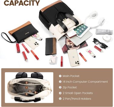 LOVEVOOK Рюкзак для жінок, 13.3 дюйми: компактний міський рюкзак, сумочка, елегантна сумка через плече, водонепроникний, для ноутбука, бежевий, чорний, коричневий