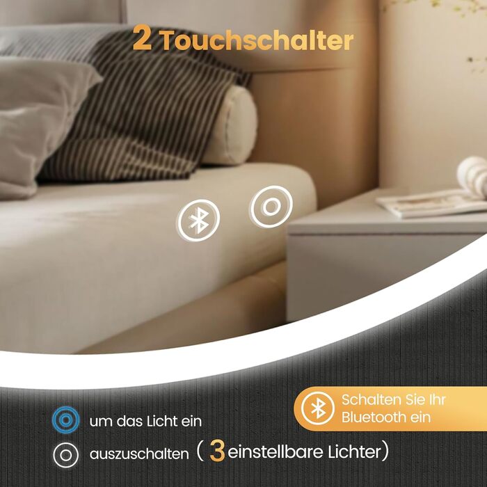 Дзеркало для ванної кімнати YOLEO з підсвічуванням, 70 см, LED, Bluetooth, сенсорне управління, захист від вибухів, 3 кольори світла, регулювання яскравості, антизапарник