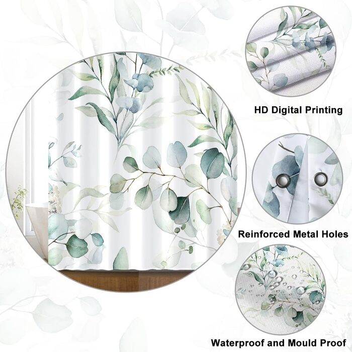 Шторка для душу 180x220 см, антигрибкова, з тропічним дизайном (зелені пальмові листя, евкаліпт, гриби), водонепроникна, з поліестеру, придатна для прання, для ванної кімнати, з 12 гачками