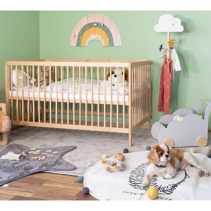 Дитяче ліжечко Alcube см Toni виготовлене з високоякісної деревини бука, з поперечинами та матрацом з шухлядою білого кольору (70x140, натуральне - без висувного ящика)