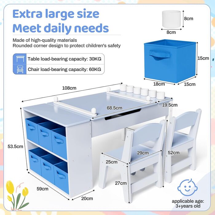 Дитячий стіл MAMIZO з 2 стільцями: дерев'яний стіл для ігор з місцем для зберігання, комплект меблів для дітей, стіл для малювання та рукоділля, від 3 років (блакитний)