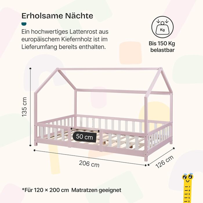 Дитяче ліжко Sisimiut Montessori від en.casa з захистом від падіння. Дерев'яне ліжко для дітей, підлогове, з ламелями. Матеріал: сосна. Колір: світло-сірий/білий. Розмір: 120 x 200 см. Без матраца.