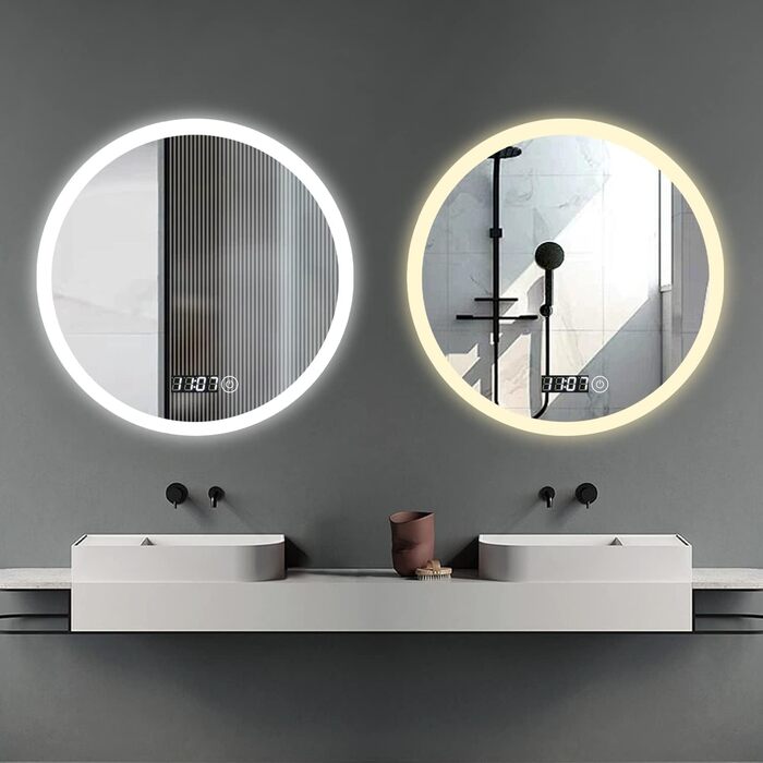 Круглий дзеркало для ванної кімнати Boromal з підсвічуванням, годинником та 3 кольорами світла (60см)