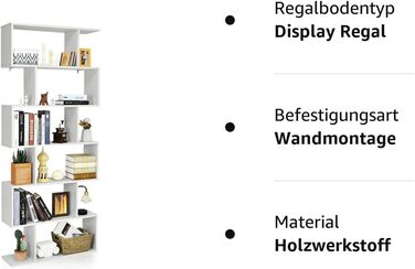 Книжкова шафа COSTWAY, стояча полиця з 6 рівнями, 192 x 80 x 23 см, офісна полиця дерев'яна, полиця для документів, полиця для зберігання з кріпильним матеріалом, перегородка для вітальні, спальні, офісу (біла)