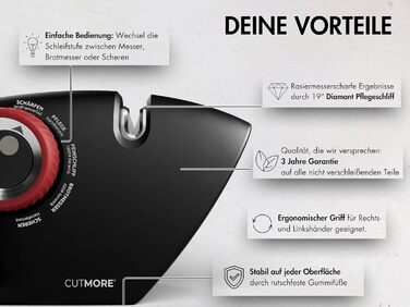 CUTMORE® Точилка для ножів Diamant - оригінальна 5-в-1 для хлібних ножів, ножиць та ножів – професійний прецизійний кут – неслизька, проста, ефективна – відома з спільноти Hobbykoch OneSharp