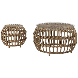 Outsunny Набір з 2 бічних столів Poly Rattan Ø66/42 см Круглий стійкий до погодних умов садовий стіл зі скляною стільницею Відкритий балконний столик Журнальний столик Садові меблі для саду, балкон коричневий