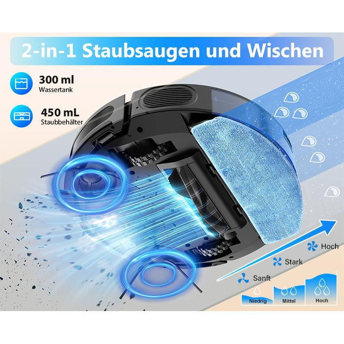 Робот-пилосос 2-в-1 з функцією миття підлоги Tikom G8000 Max, 5000Pa, самостійна зарядка, Wi-Fi, 150 хв, для тварин, килимів, твердих підлог, чорний