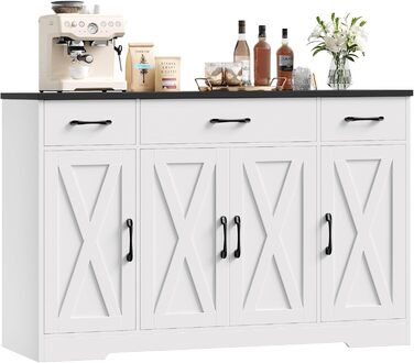 Сервант HOCSOK 140 см: кухонний буфет з 3 висувними ящиками, 4 дверцятами та 2 регульованими полицями, білий та коричневий