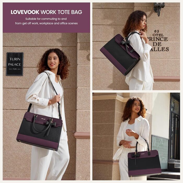 Сумка LOVEVOOK для жінок, велика, 15.6 дюймів, для ноутбука, робоча, елегантна, однотонна, шкіряна, для школи, офісу, ділових поїздок, shopper, tote bag (15.6 дюймів, фіолетово-чорна)