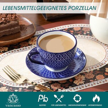Набір кавових чашок Vancasso Selene, 6 шт., 360 мл, блакитно-білий вінтажний дизайн, для кави, молока, чаю та какао