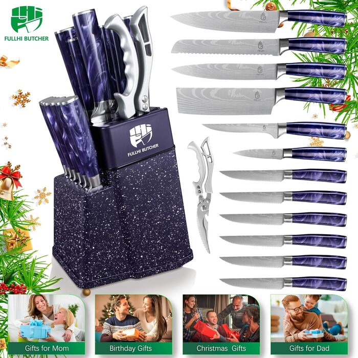 Набір кухонних ножів Fullhi 14 предметів з бруском та чохлом, набір кухонних ножів для приготування стейків, кольорова ручка (фіолетовий смоляний)
