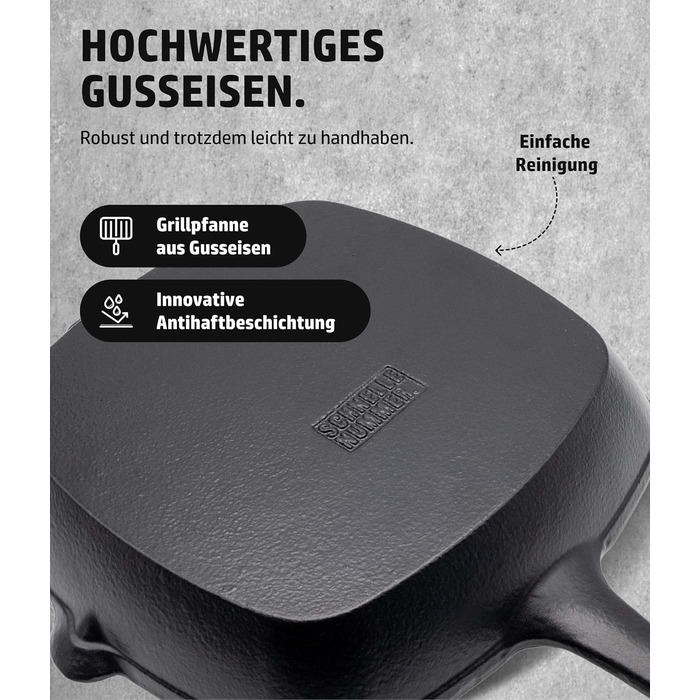 Сковорода-гриль HENSSELERS® з чавуну [26 см] для всіх типів плит та духовок, включаючи газові та індукційні плити. Антипригарна сковорода для стейків. Чотирикутна чавунна сковорода для гриля